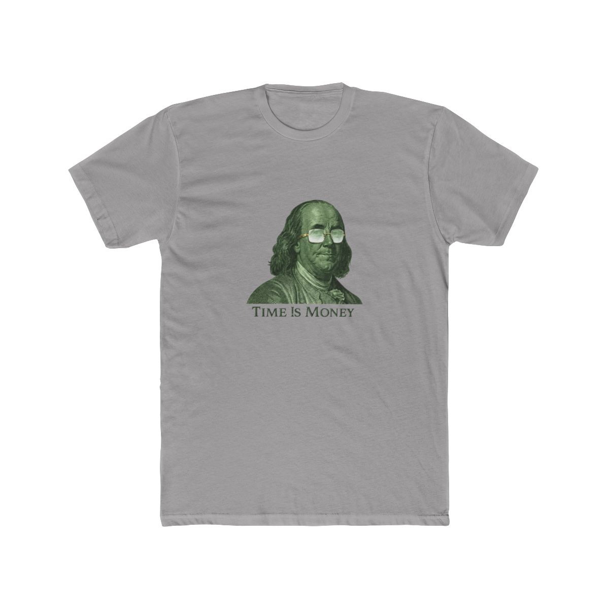 Green T Shirt featuring a portrait of Benjamin Franklin wearing sunglasses and the text "TIME IS MONEY" - Official t-shirts merchandise